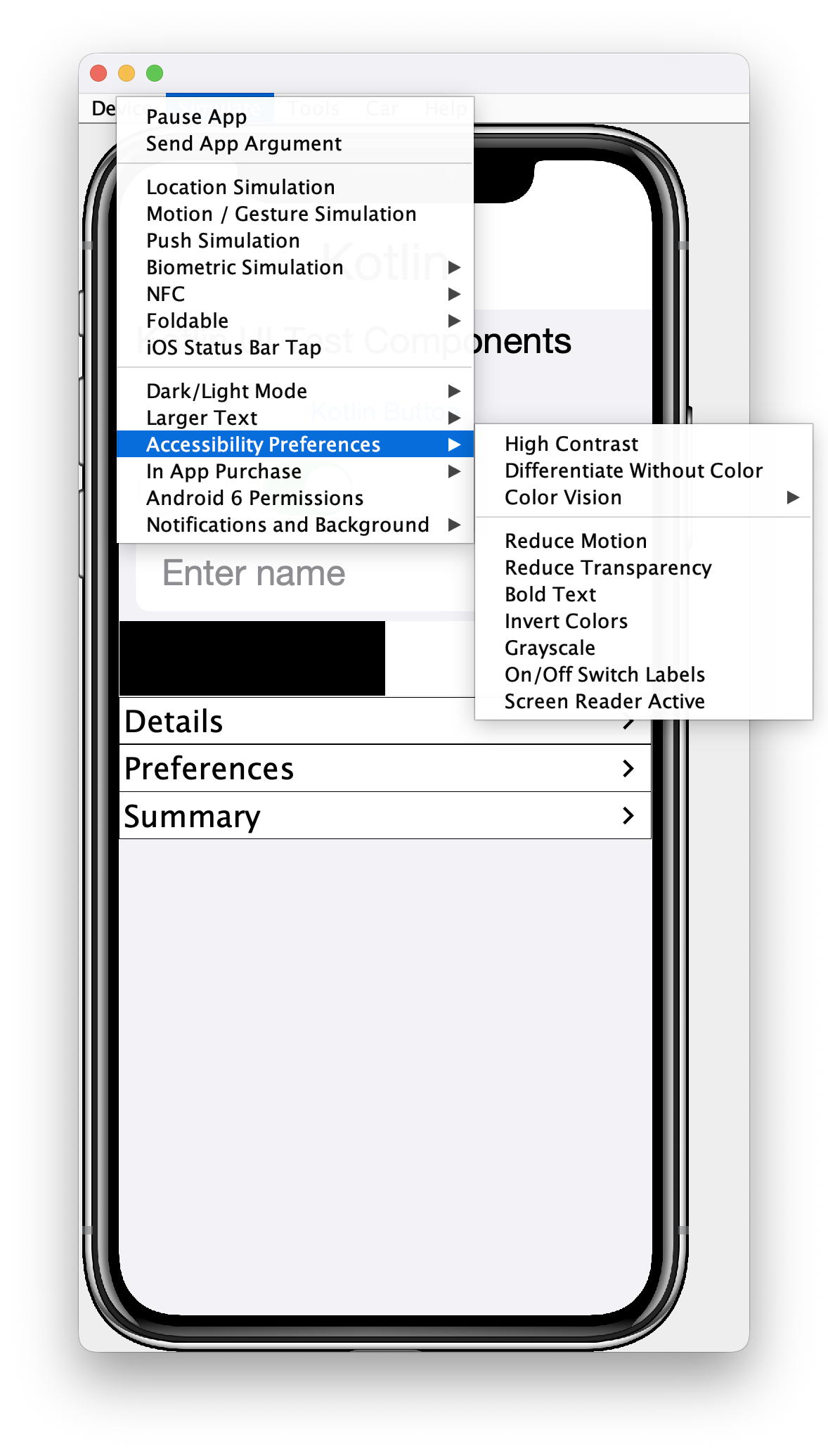 Simulator accessibility preferences for motion, transparency, contrast, and color vision