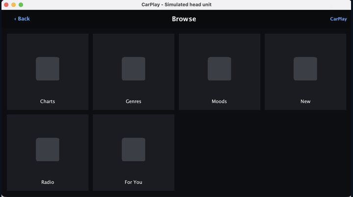 The Codename One simulator rendering a CarPlay-style grid head unit