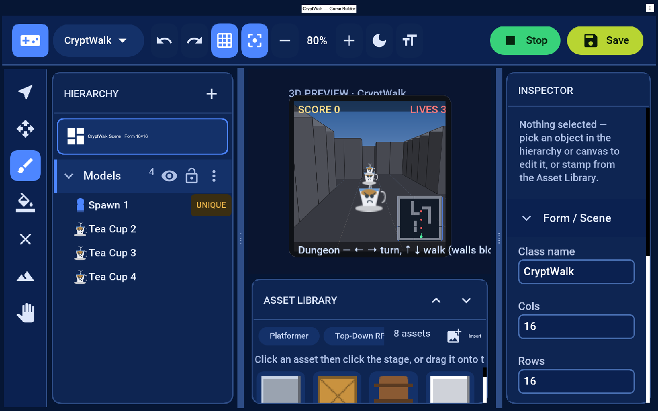 Sculpting and walking a 3D dungeon in the editor’s first-person preview