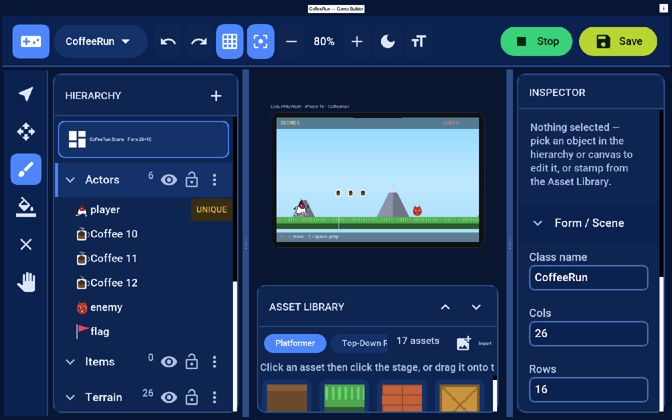 Playing Duke’s Coffee Run in the editor