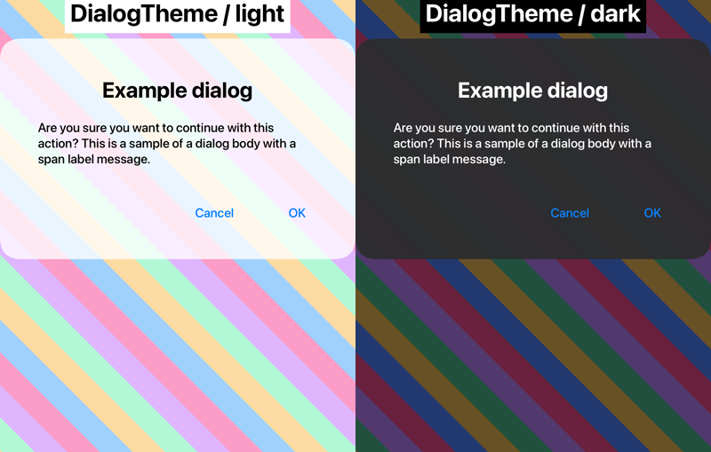 Dialog over a textured backdrop — light and dark