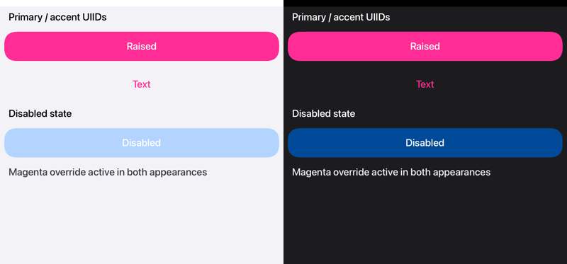 Magenta palette layered over iOS Modern — light and dark
