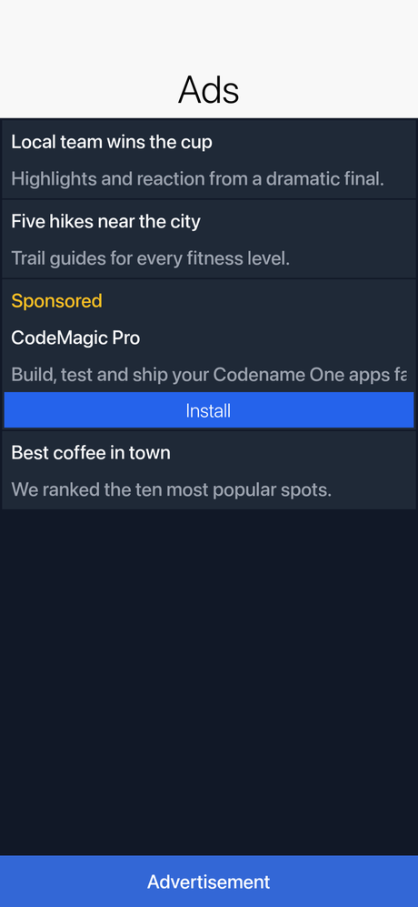 A native ad in a feed plus a banner, rendered by the new API using mock ads