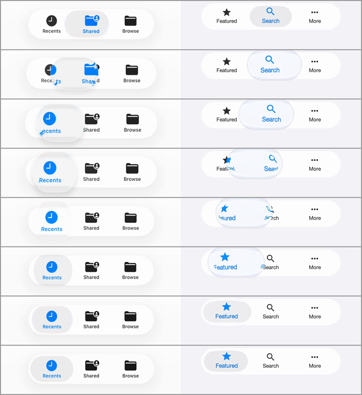 Fixed stages of the iOS 26 native and Codename One tab selection morph