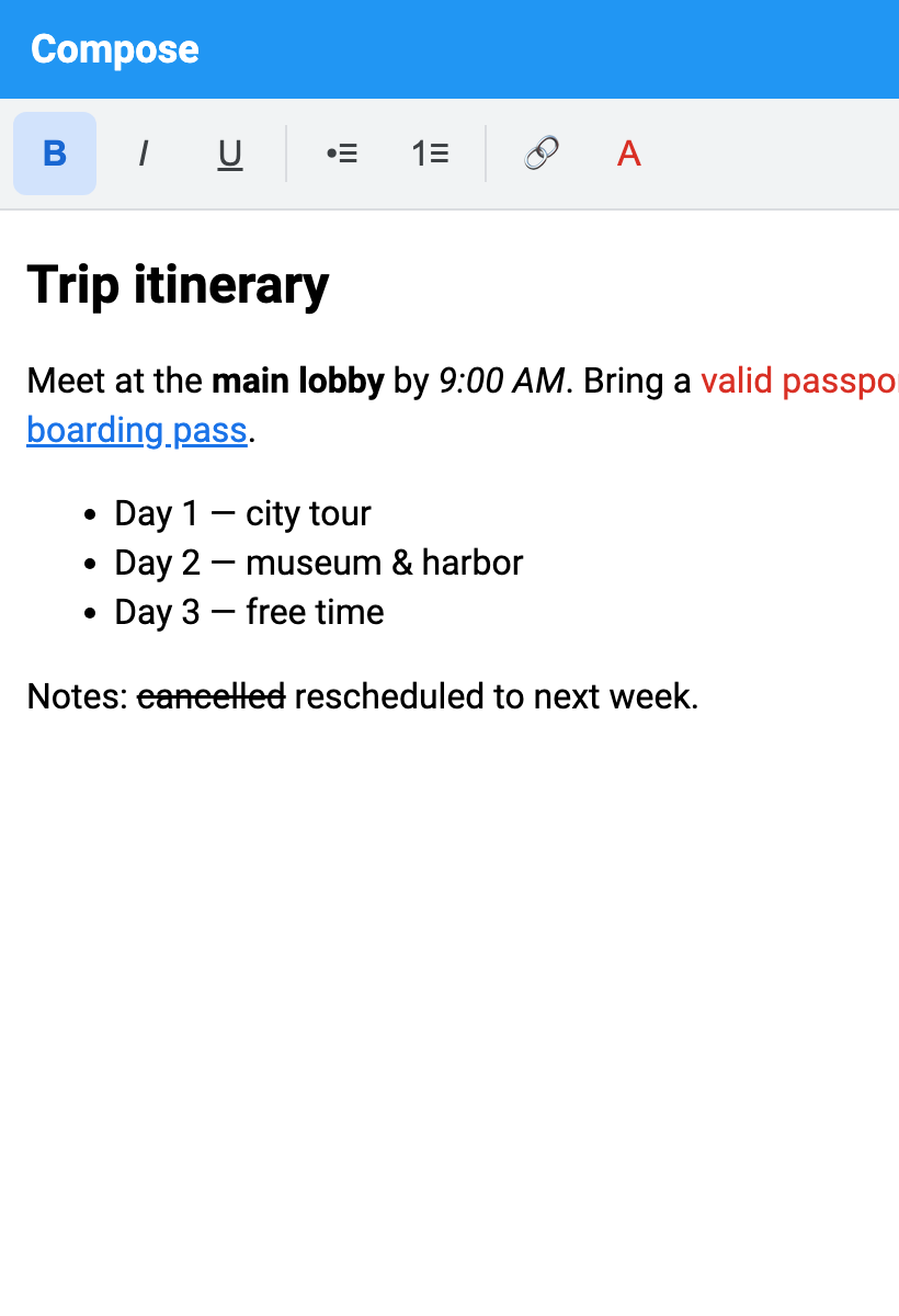 RichTextArea WYSIWYG editor with a formatting toolbar (bold, italic, underline, lists, link, color) editing a trip itinerary note that contains bold text, a link, and strikethrough
