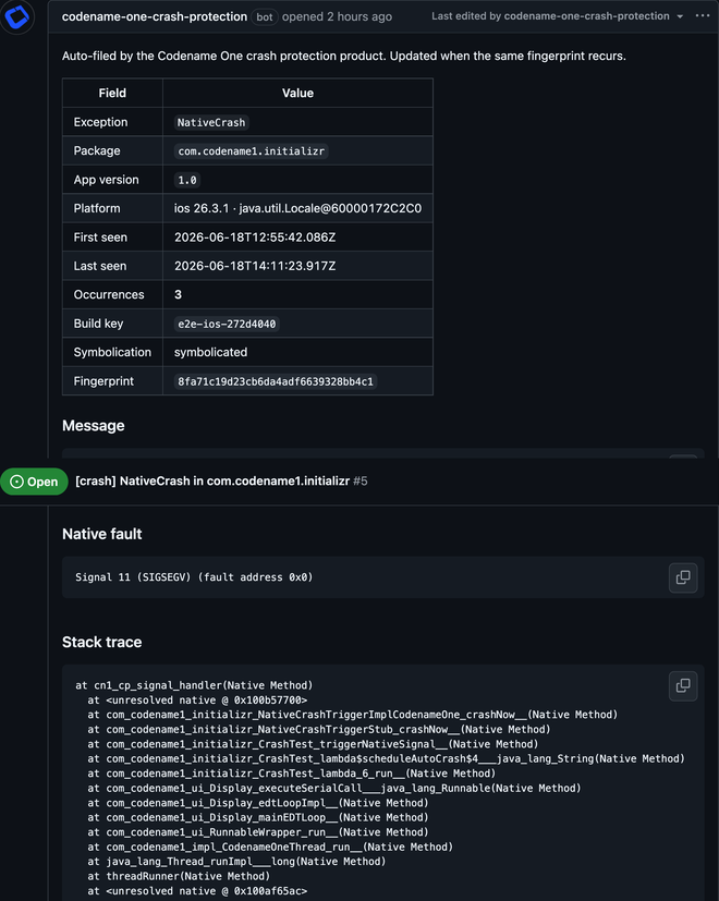 An auto-filed GitHub issue for a symbolicated native iOS crash, showing the field table and the full native stack trace