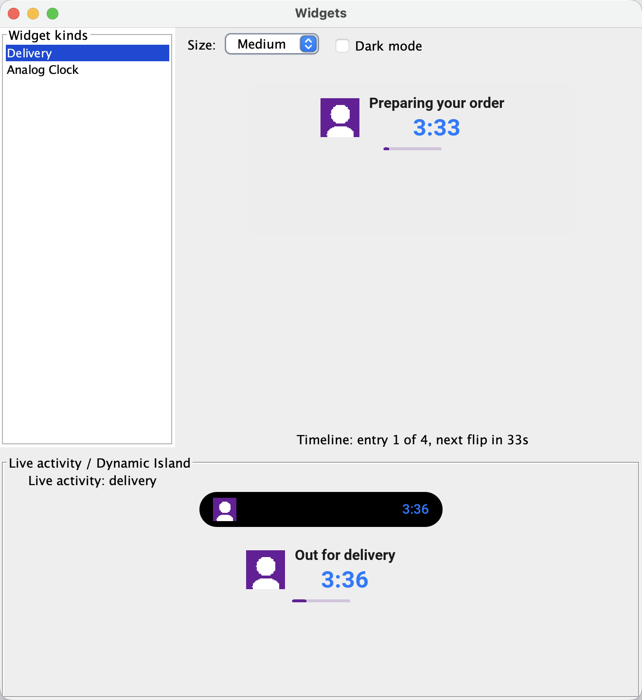 The simulator widget preview with a delivery timeline and mock Dynamic Island
