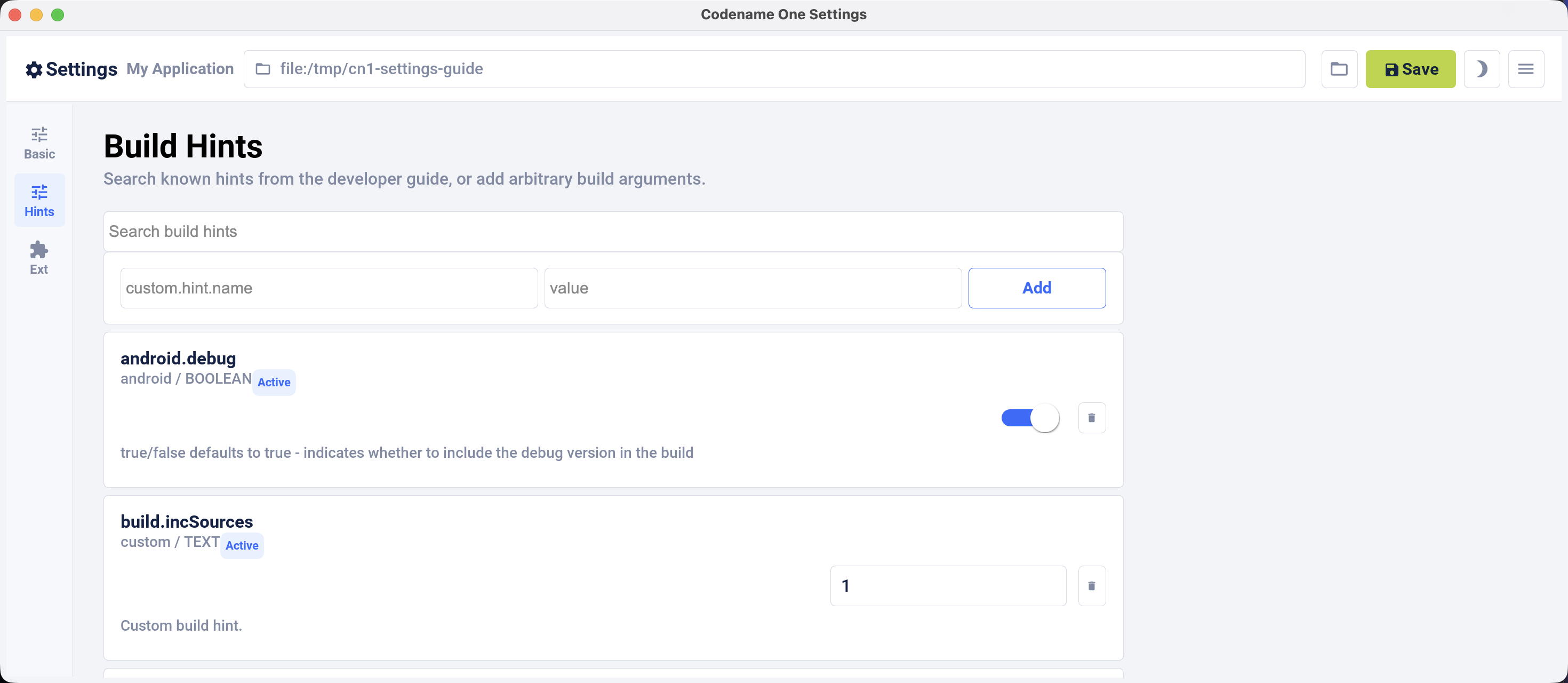 The build hints UI in Codename One Settings
