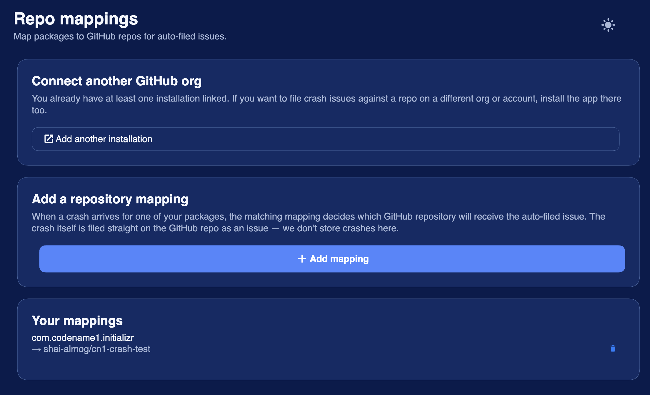 The Repo mappings page in the Codename One console: Connect another GitHub org / Add a repository mapping / Your mappings
