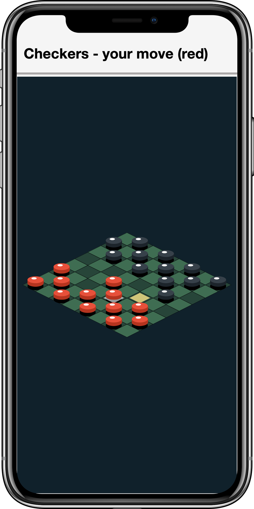 Isometric checkers mid-game with a selected piece and a highlighted destination