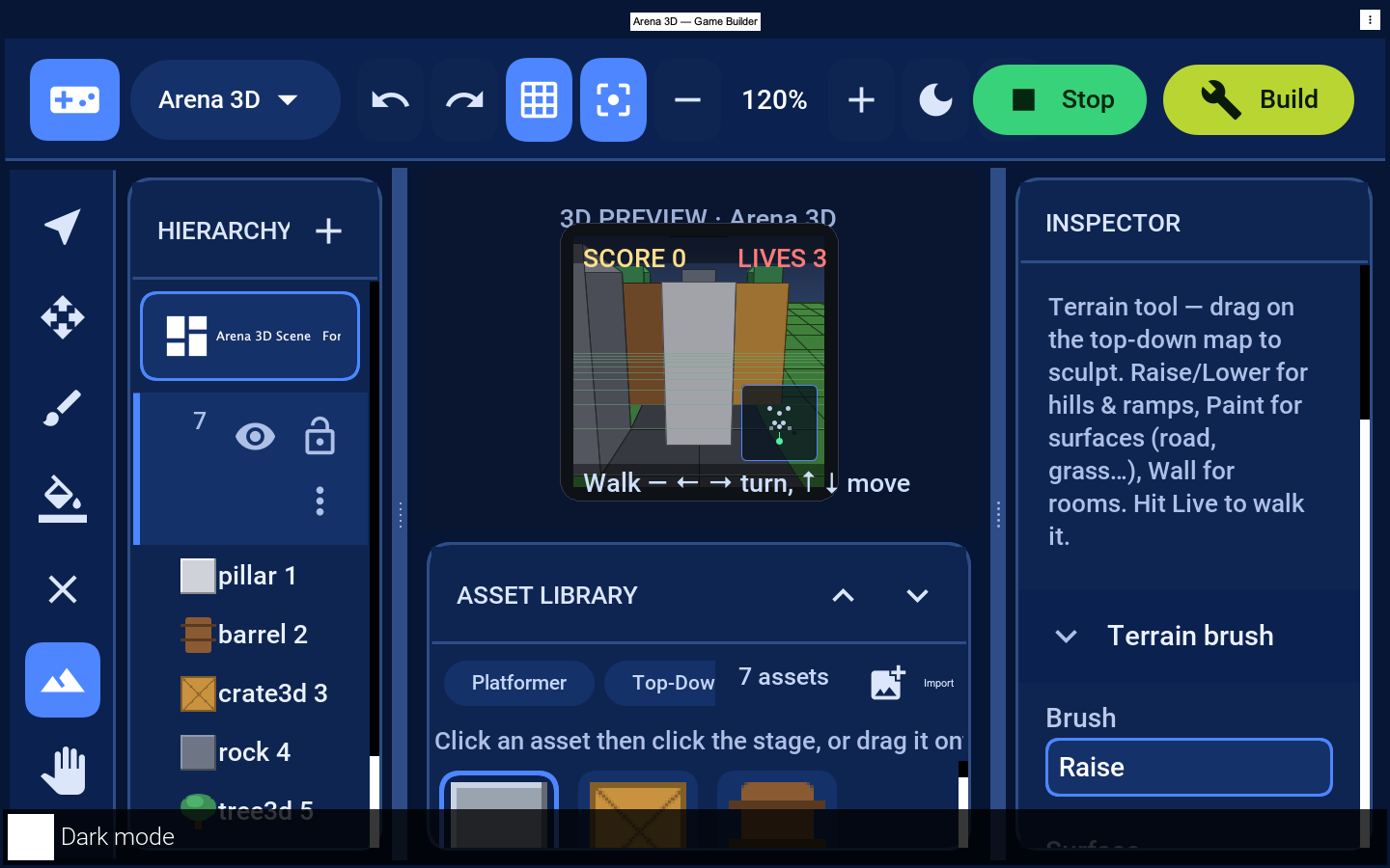 The 3D live preview — perspective camera over the board