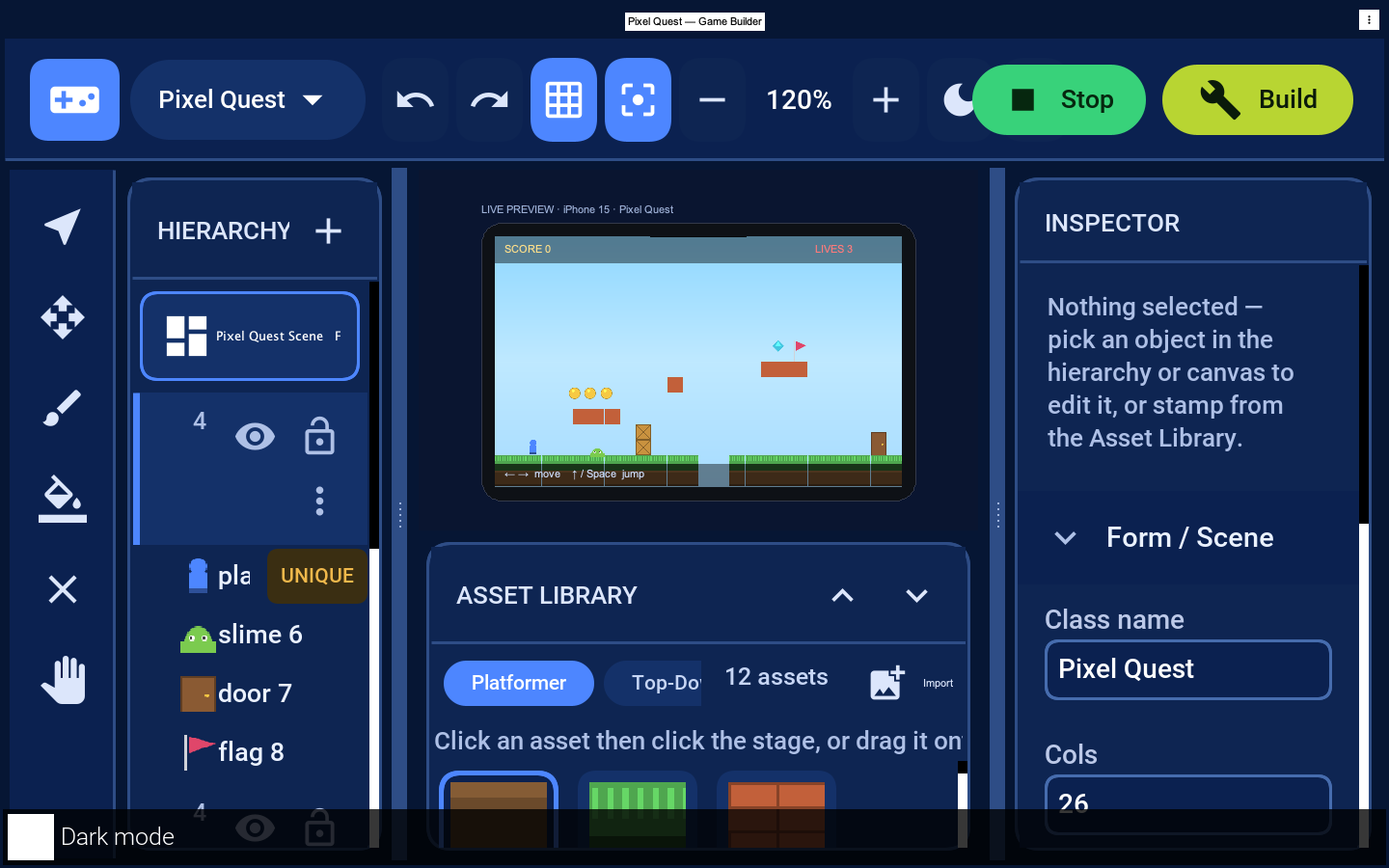 Live preview — playing the level in a device frame