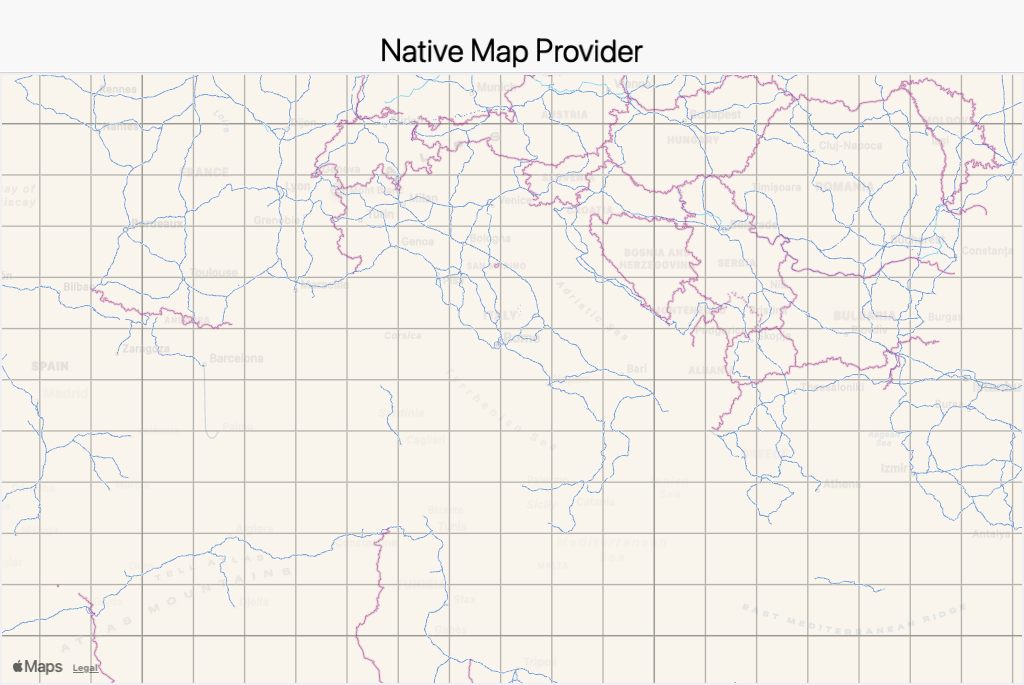 NativeMap backed by Apple MapKit (ios.maps.provider=apple)