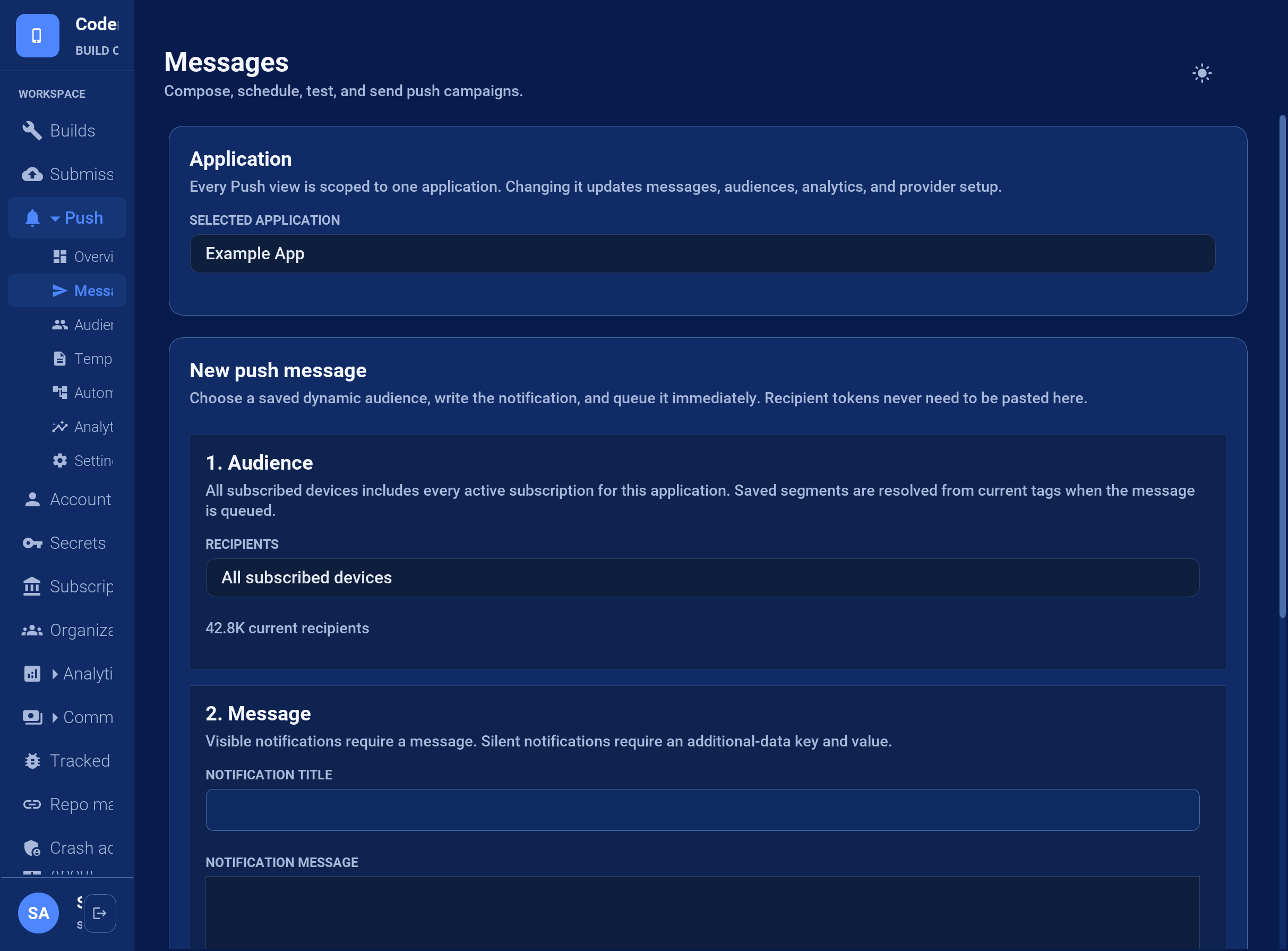 New Push Message composer with audience