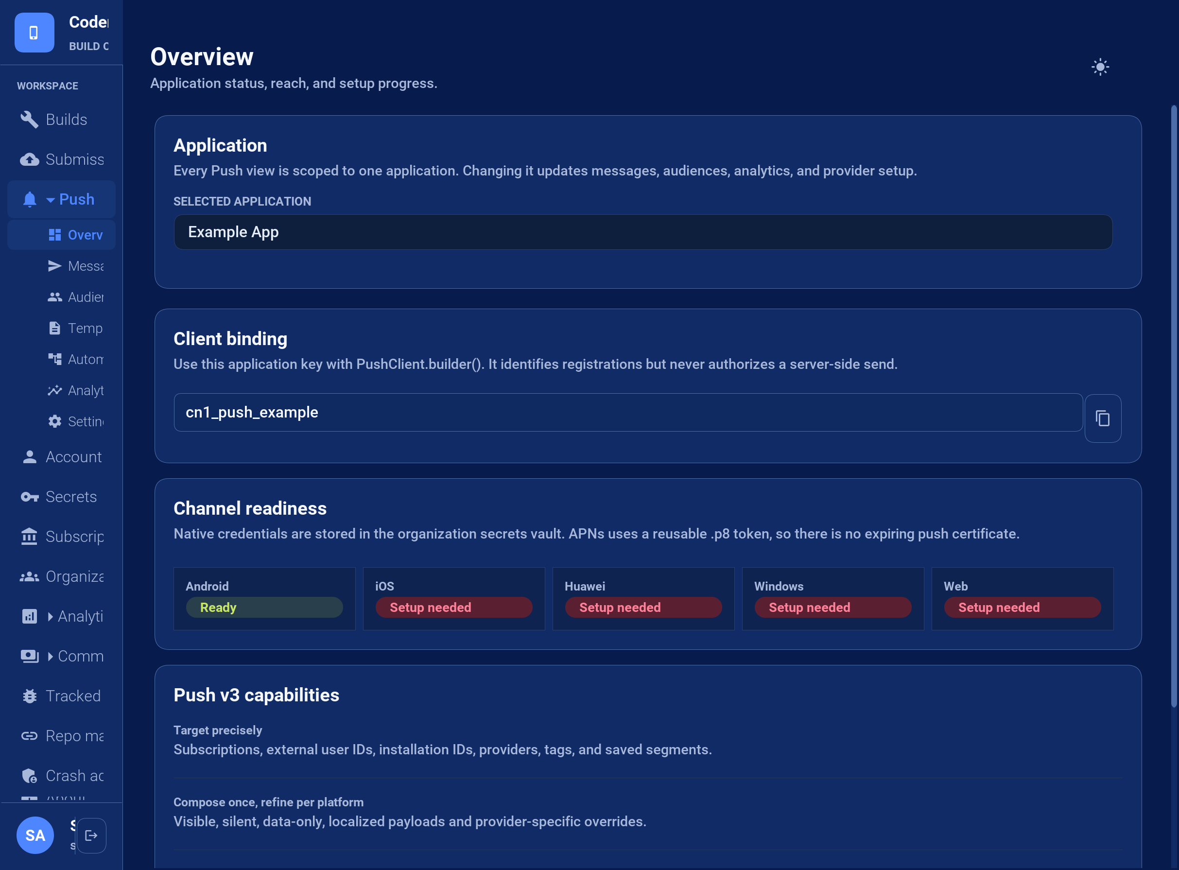 Push Overview with client binding and provider readiness cards