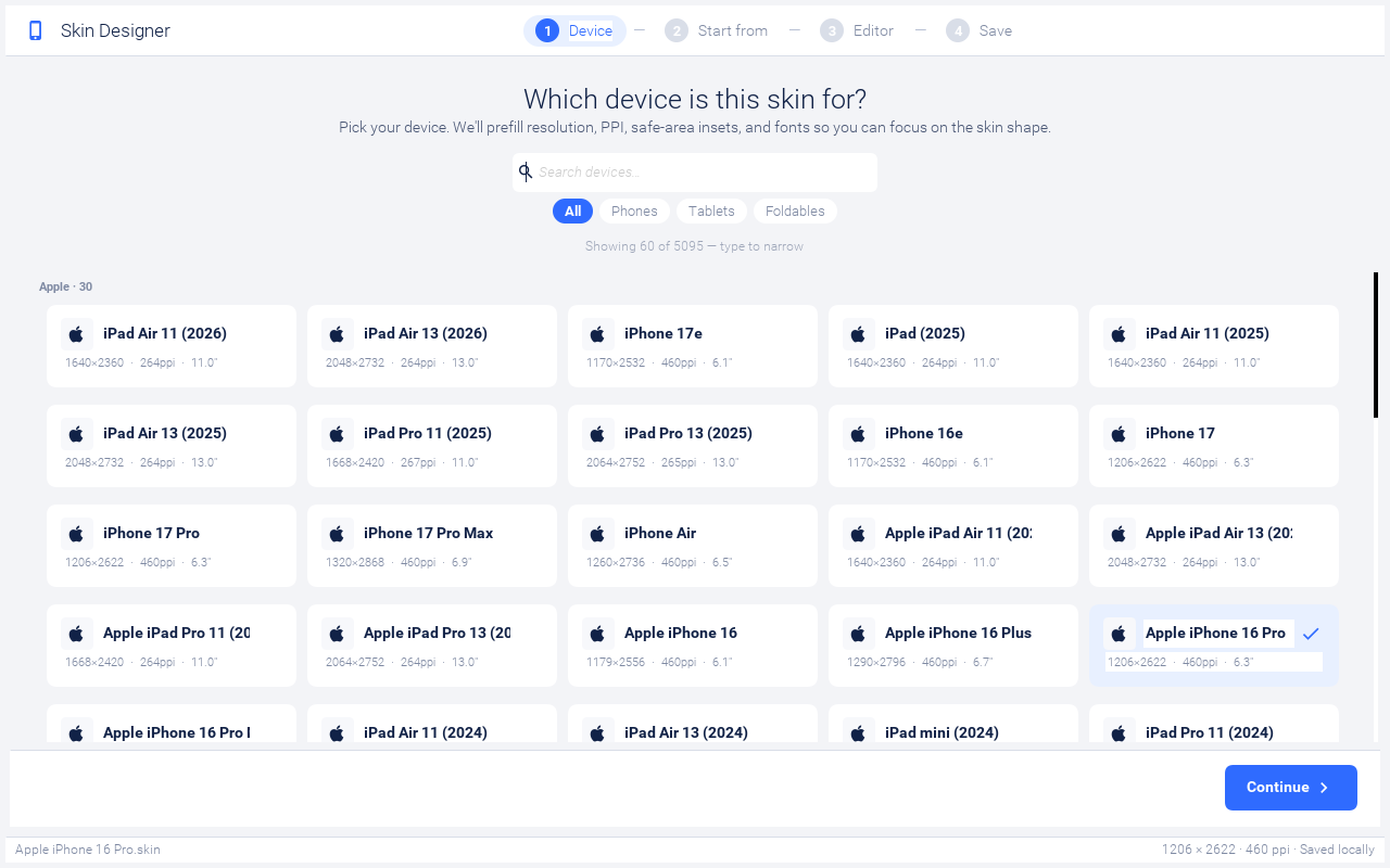 Device picker showing the iPhone 16 Pro selected and Continue enabled