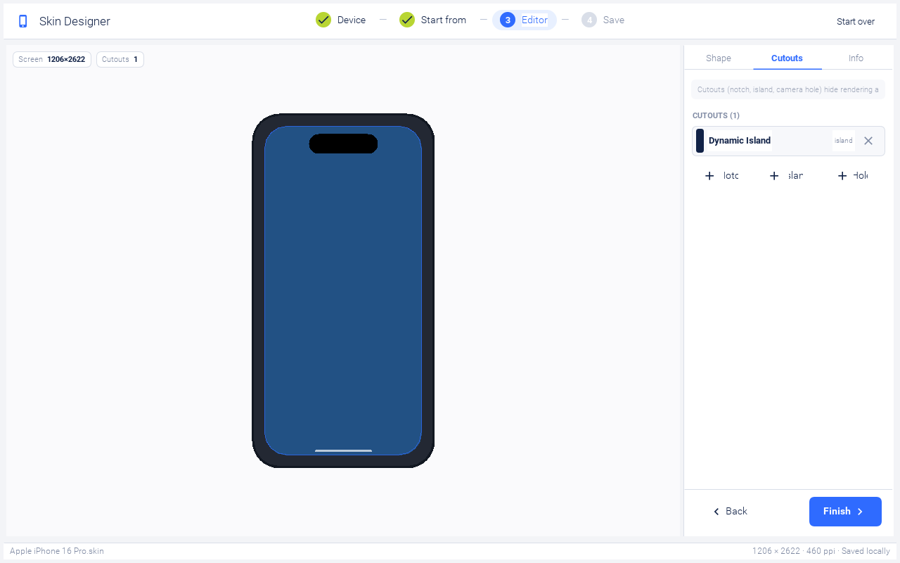 Editor showing the Cutouts tab with a Dynamic Island row selected and the dimension fields visible