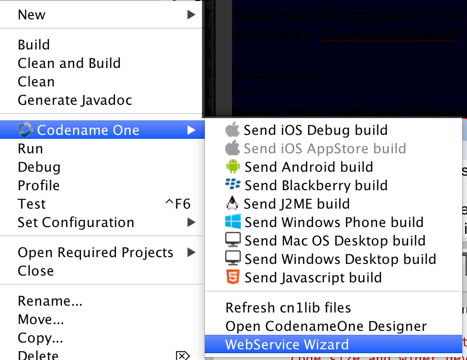 In the main Codename One project right-click and select the WebService Wizard option